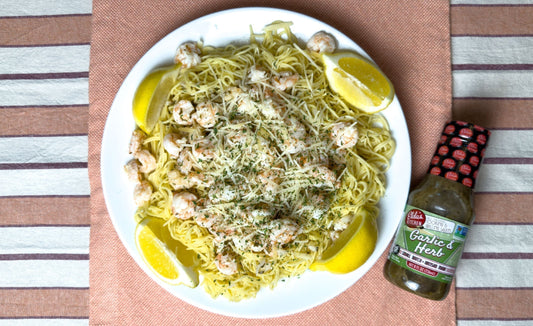 Shrimp scampi with Elda's Kitchen Garlic & Herb sauce bottle