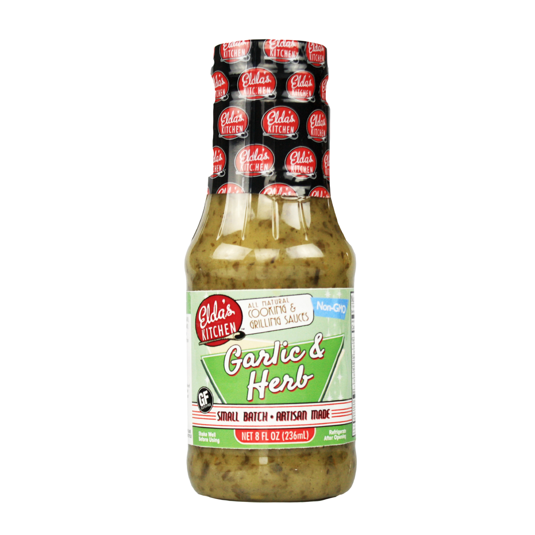 Product image: Elda's Kitchen Garlic & Herb Sauce bottle.