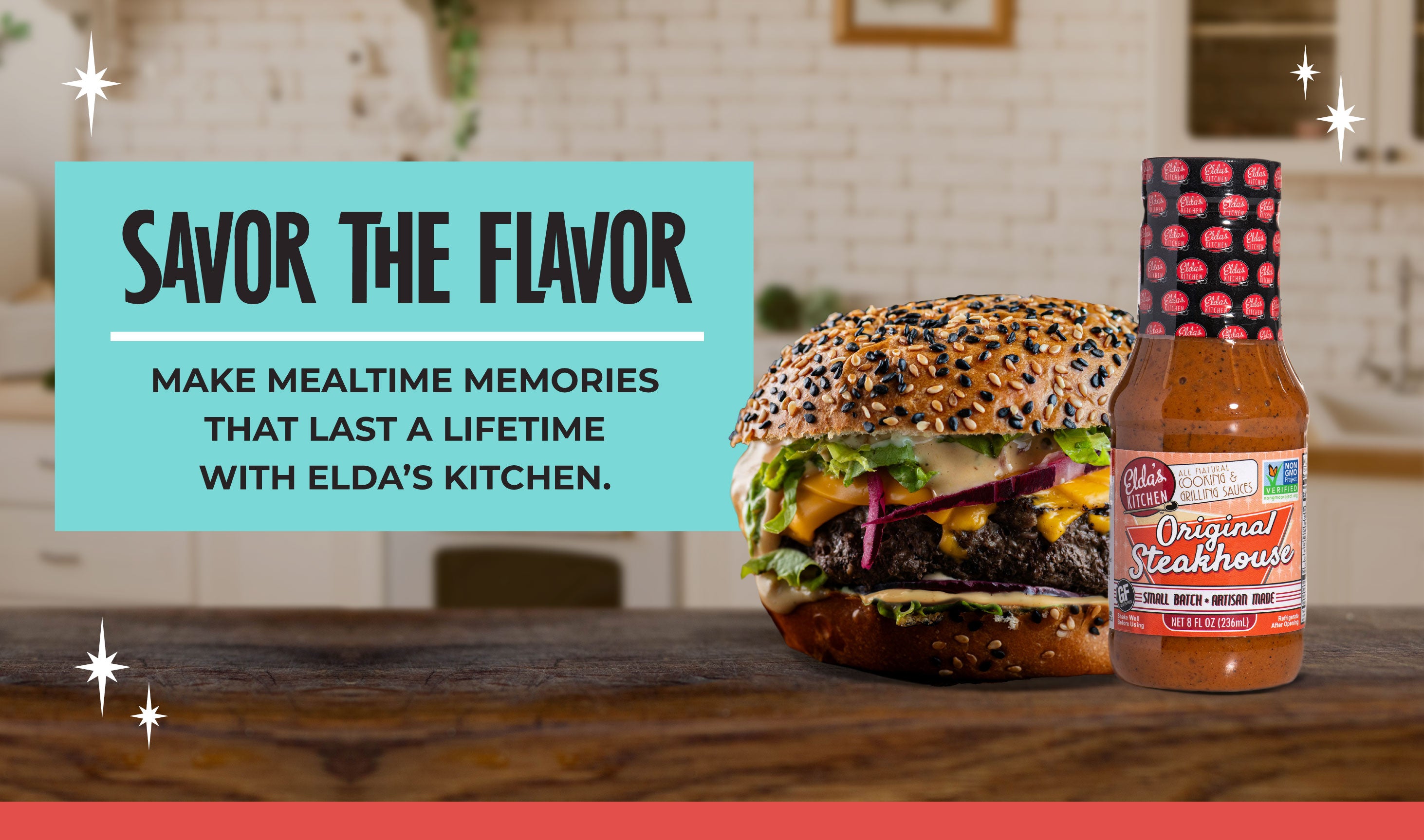 Hero image with text: Savor the Flavor- make mealtime memories that last a lifetime with Elda's Kitchen.