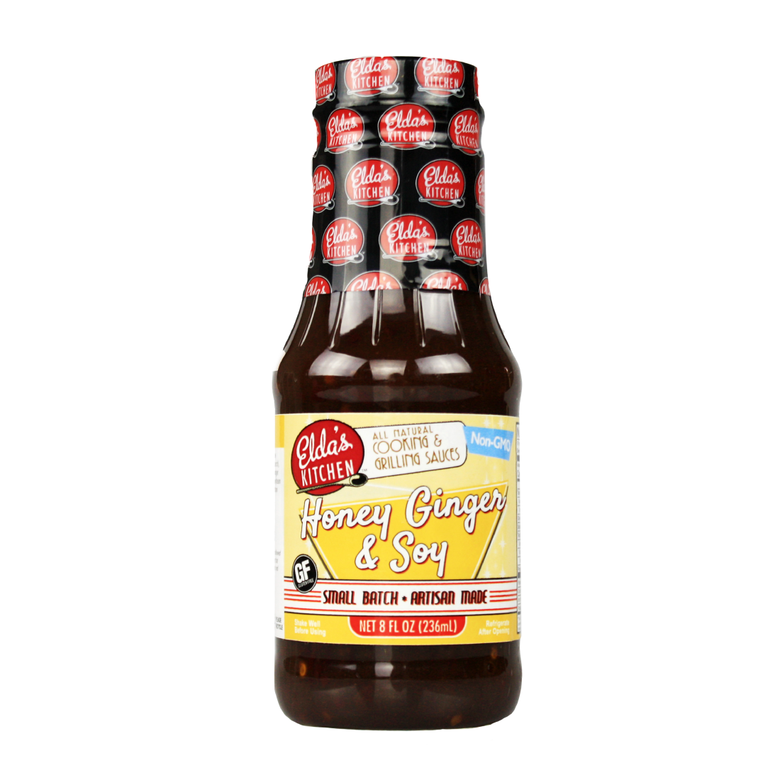 Product image: Elda's Kitchen Honey Ginger & Soy sauce bottle.