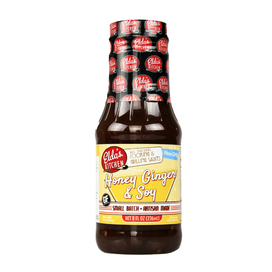 Product image: Elda's Kitchen Honey Ginger & Soy sauce bottle.