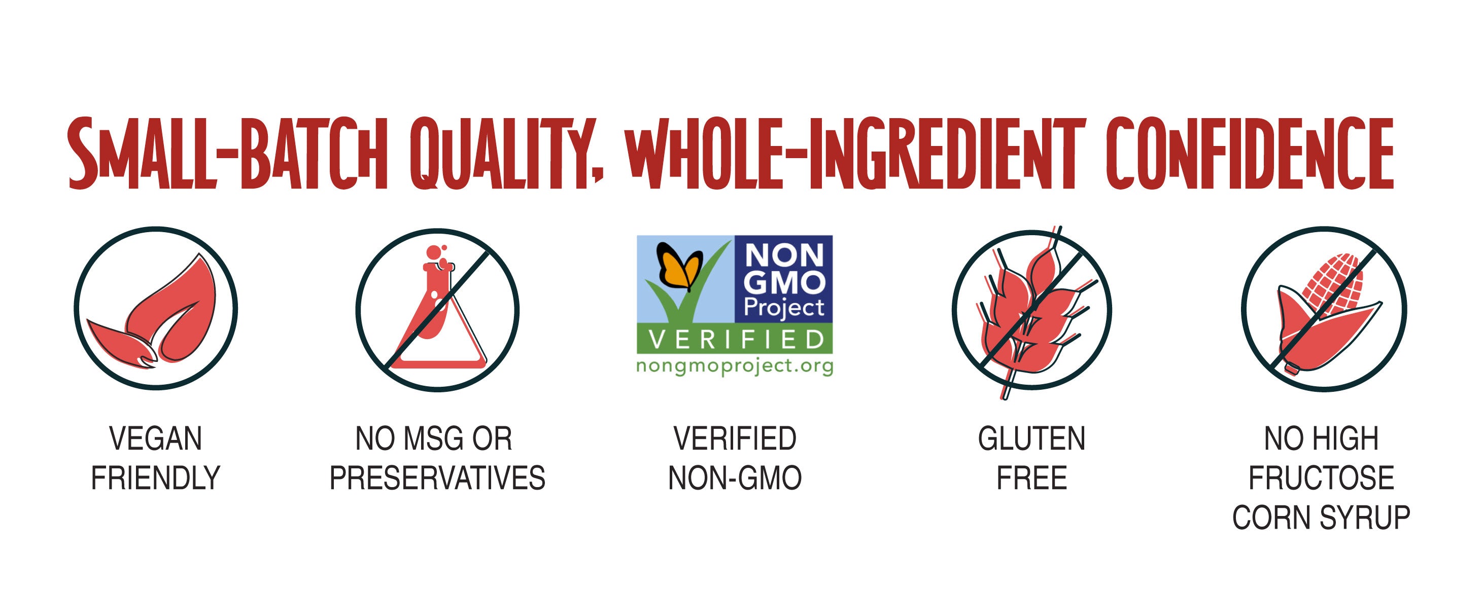 Info card with text: Small-batch quality, whole-ingredient confidence. Vegan friendly, no msg or preservatives, verified non-gmo, gluten free, no high fructose corn syrup.