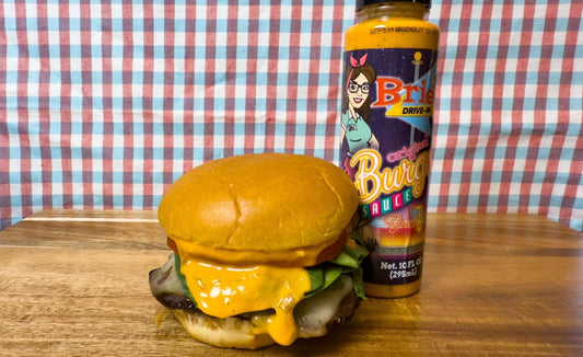 Portobello mushroom burger with Brie's Drive-In Burger Sauce bottle